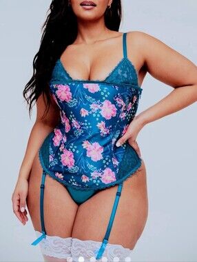 Adore Me 2X Zoie Corset Blue Floral Lace Boned Adjustable Garter